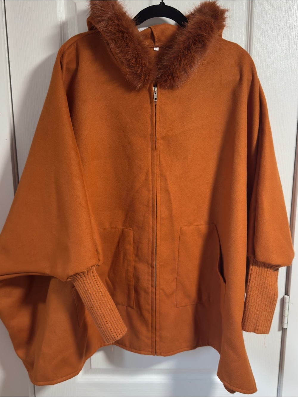 SHEIN Rust Hooded Cape Coat with Faux-Fur Trim
